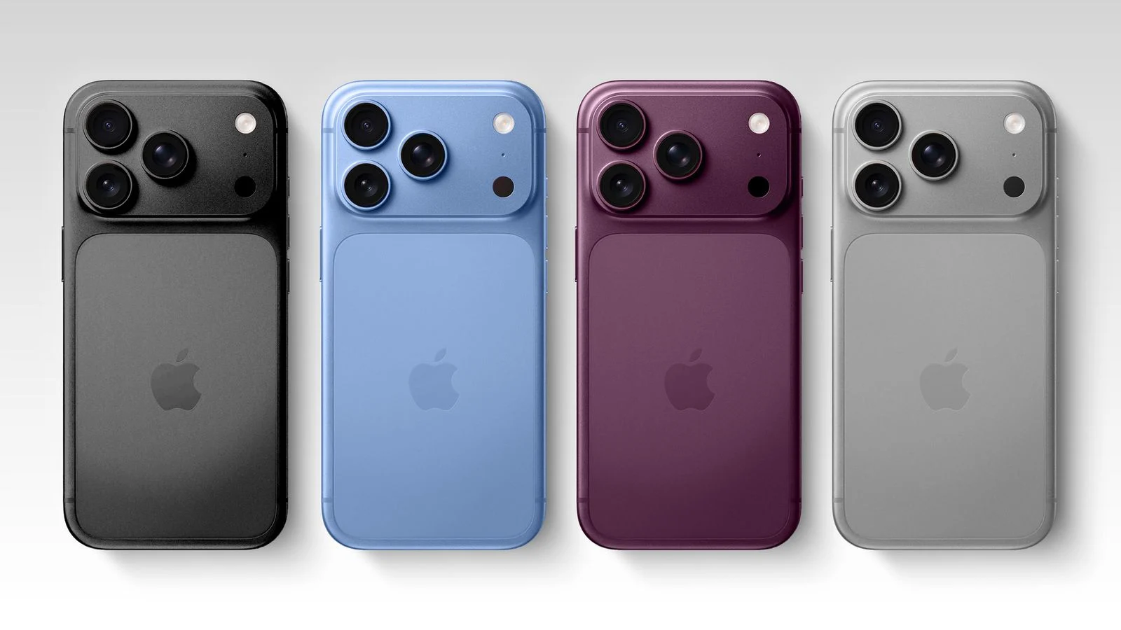 iPhone 18 Pro colors shown in Black, Glacier blue, Burgundy, and Silver